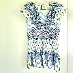 Bell By Alicia Bell Mini Dress Blue White Silk Voile